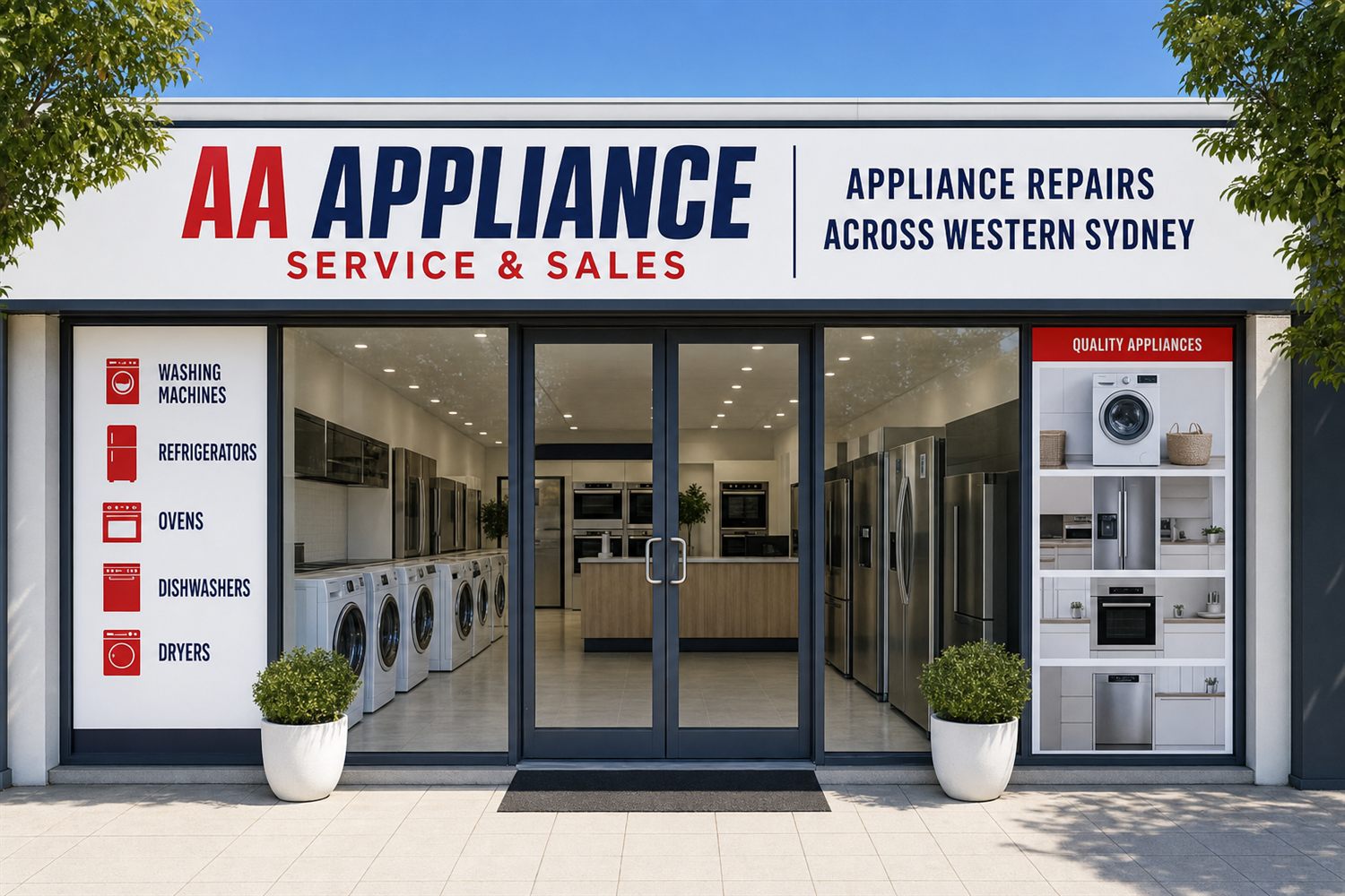 AA Appliance Service & Sales shopfront — washing machines, fridges and ovens on display